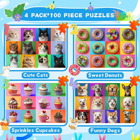 4 Packs 100 Piece Puzzles for Kids Ages 4-6 6-8 8-10, Dogs Cats Cupcakes Donuts Educational Jigsaw Puzzles, Kids Puzzles 4-6 Gifts for Girls Boys