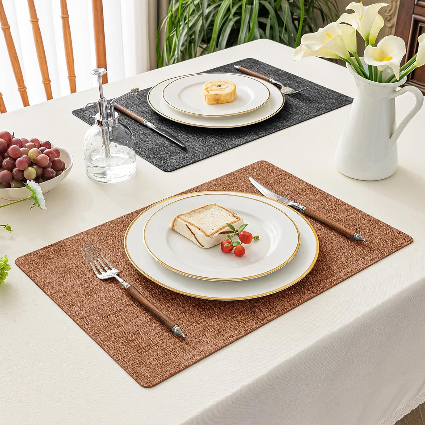 Romanstile Reversible Vinyl Placemats Set of 8, Faux Leather 100% Waterproof Oil-Proof Wipeable Place Mats, Heat Resistant Dual Sided Table Mats for Kitchen/Dining/Party (Grey Orange, 12 x 17 Inch)