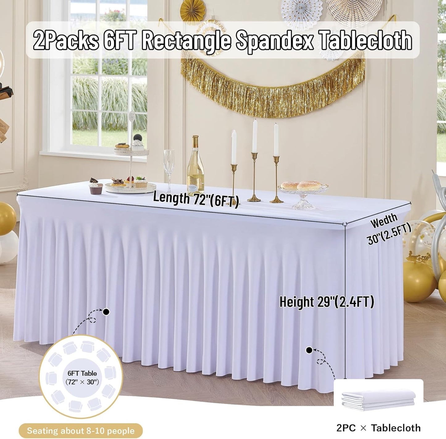 Outpain White Spandex Table Clothes for 6 Foot Rectangle Tables-2Pack 6FT Spandex Fitted Table Cover, Wrinkle Free Tablecloths with Skirt for Parties, Wedding, Birthday, Banquet, Festival