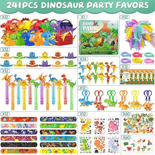 12 Pack Dinosaur Birthday Party Favors Decorations Supplies for Kids, Dino Theme Goodie Bags Fillers with Silicone Fidget Stretch Toys, 3D Dino Boxes, Bubble Wands, Hats, Slap Bracelets, Stickers