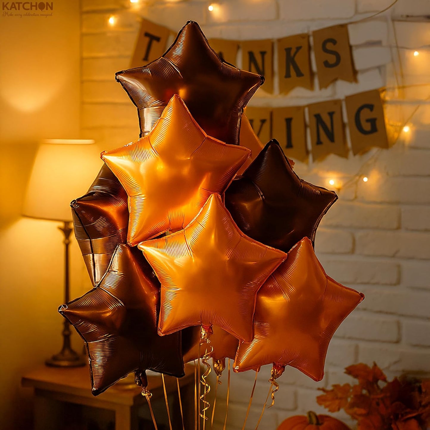 Katchon, Metallic Brown And Orange Star Foil Balloons 18 Inch - Pack of 12 | Orange Balloons for Thanksgiving Decorations, Thanksgiving Foil Balloons, Bachelorette Party Decor, Baby Shower Decorations