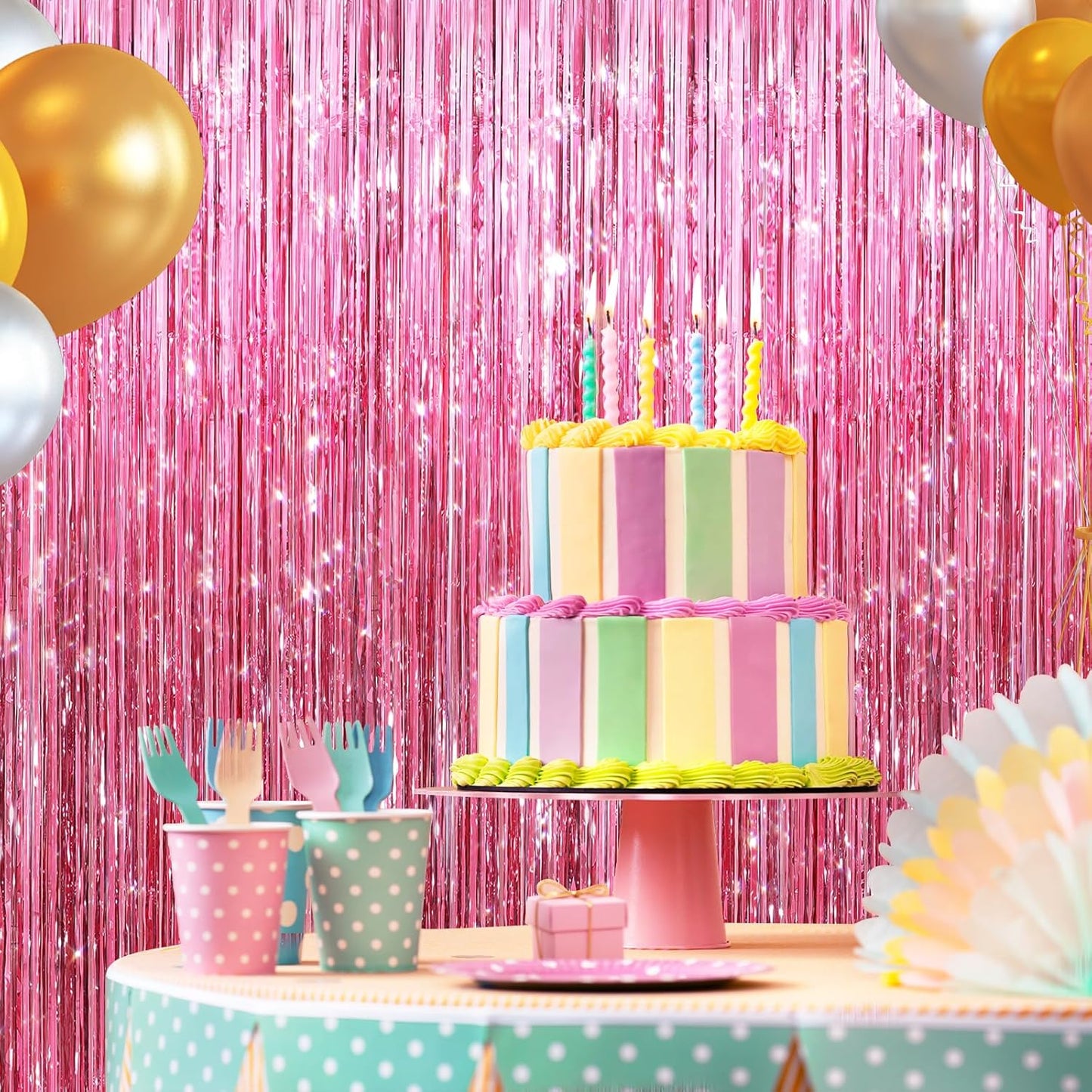 2 Pack Pink Metallic Tinsel Foil Fringe Curtains, Door Streamers Photo Booth Backdrop for Birthday Party, Tinsel Curtain Backdrop for Baby Shower Bachelorette Christmas Party Decorations