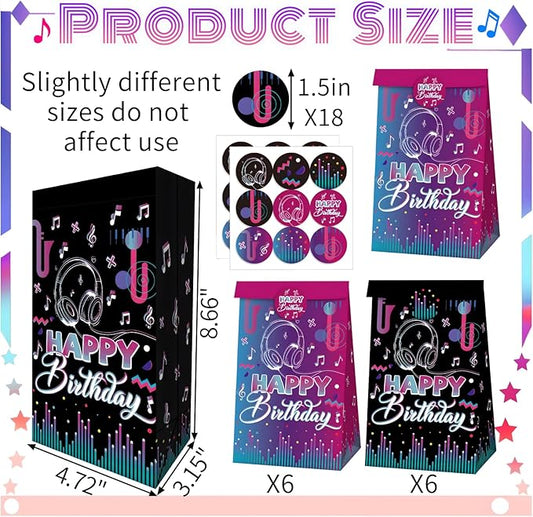Happy Birthday Party Favors Gift Bags Candy Goodie Bag Black-Purple Decorations Treat Bag 2 Styles Popular Singer Music Paper Rack N Roll Wedding Bridal Baby Shower Decor(12 Pcs)