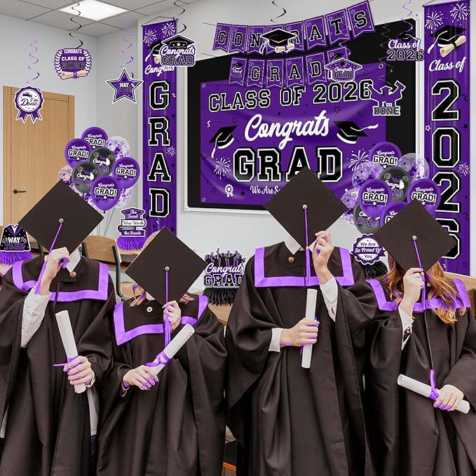 Graduation Decorations Class of 2026 Purple Graduation Party Decor Set include Congrats Grad Banner Backdrop Class of 2026 Balloons Party Supplies