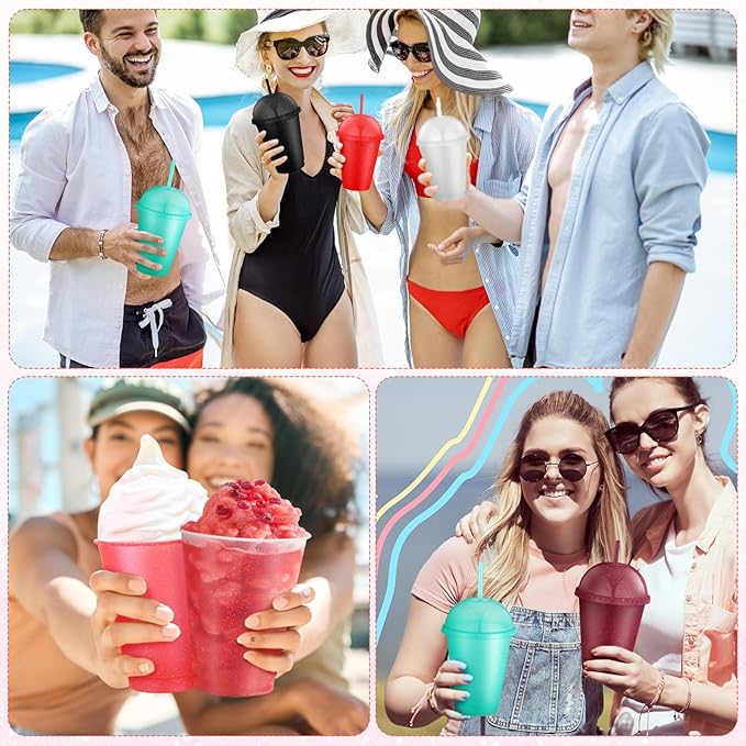 6 Set Slushie Cups with Dome Lids and Straws Detachable Spoon Straws Reusable Plastic Iced Coffee Cups Smoothie Tumbler for Birthdays Summer Party Supplies(Multi Color,16 oz)