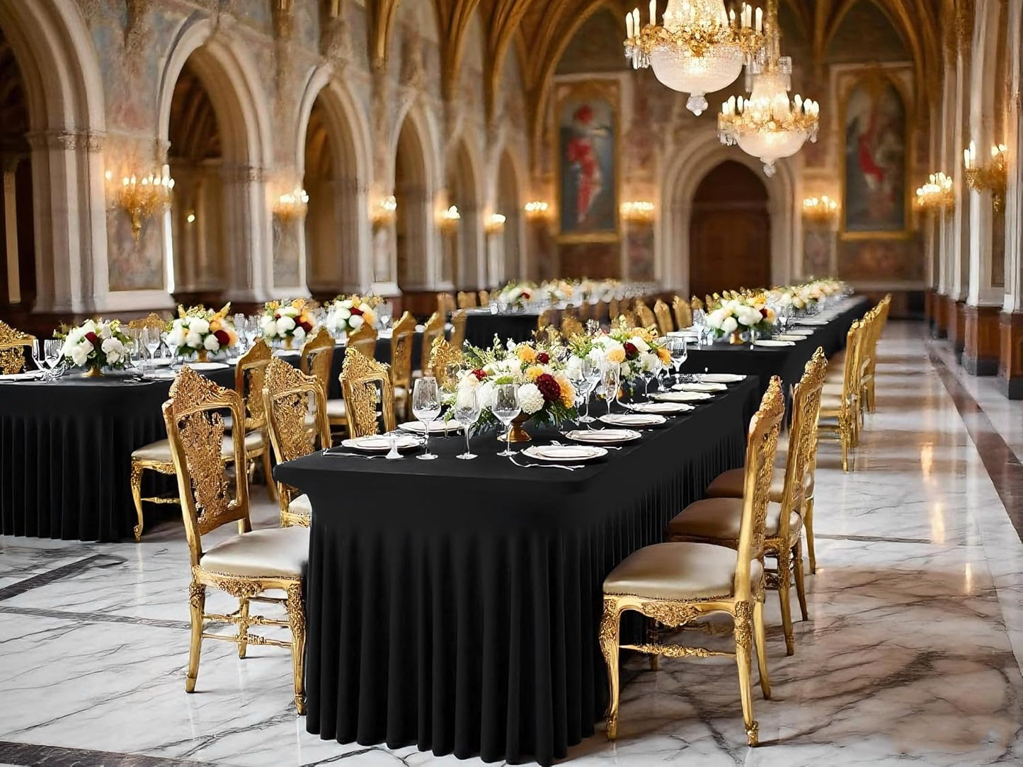 2 Packs Black Stretch Table Skirts for 8 Foot Rectangle Table, Washable Spandex Stretch Tablecloths with Skirt, Wrinkle Resistant Fitted Tablecover for Wedding Party Banquet