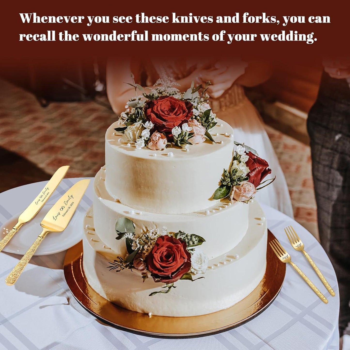 Personalized Wedding Cake Knife and Server Set Engraved Gold Cake Cutter Server Forks Custom Cake Cutting Set for Wedding Anniversary Engagement Birthday Gifts