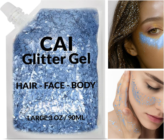 Face, Body & Hair Glitter Gel – Halloween Glitter for Kids and Women – 3 Oz Cosmetic-Grade Gel w/Moon & Stars for Festivals & Halloween Party, Easy Apply & Wash Off - Blue 2Pack
