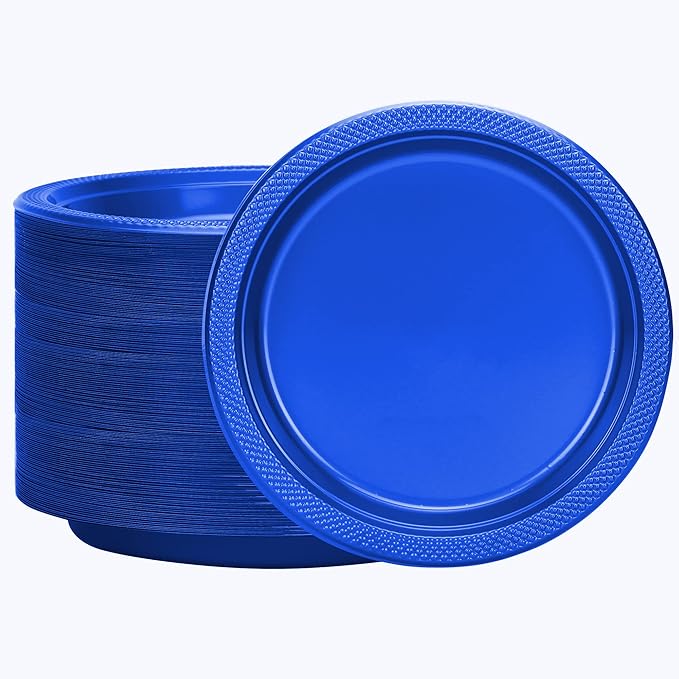Hanna K. Signature Collection Blue Plastic Plates 9 Inch - 600 count Solid Round Party For Weddings, BBQs, Birthday Disposable Dessert (82290 (case))
