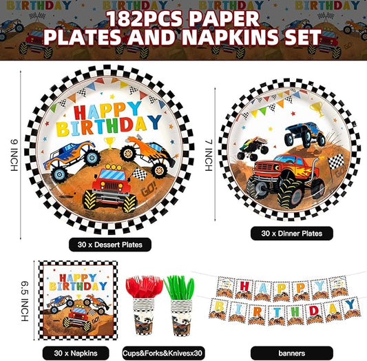 182pcs Monster Truck Party Supplies,Kids Birthday Plates and Napkins Set for Boys Birthday Party Decorations,Serves 30 Guests