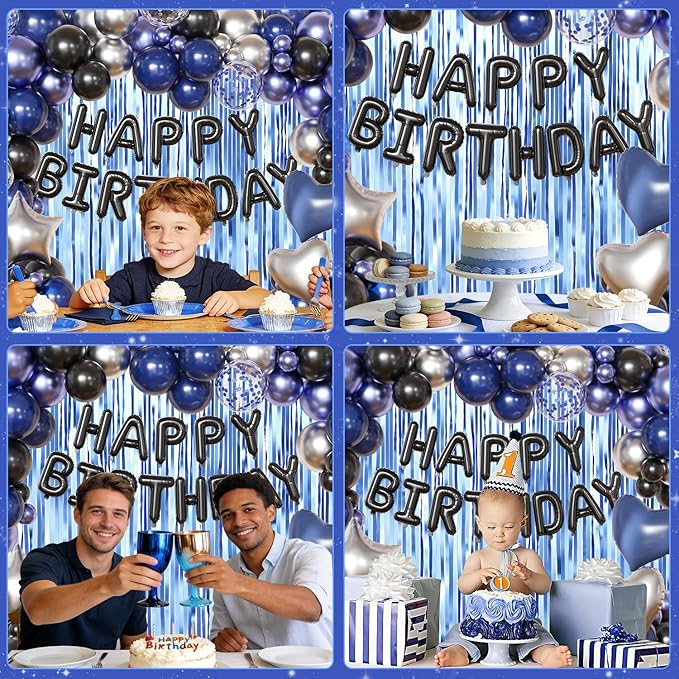 Navy Blue and Black Birthday Decorations for Men, Metallic Navy Blue Black Silver Foil Confetti Balloons Happy Birthday Banner Fringe Curtains Birthday Decorations for Boy Girls Women Men