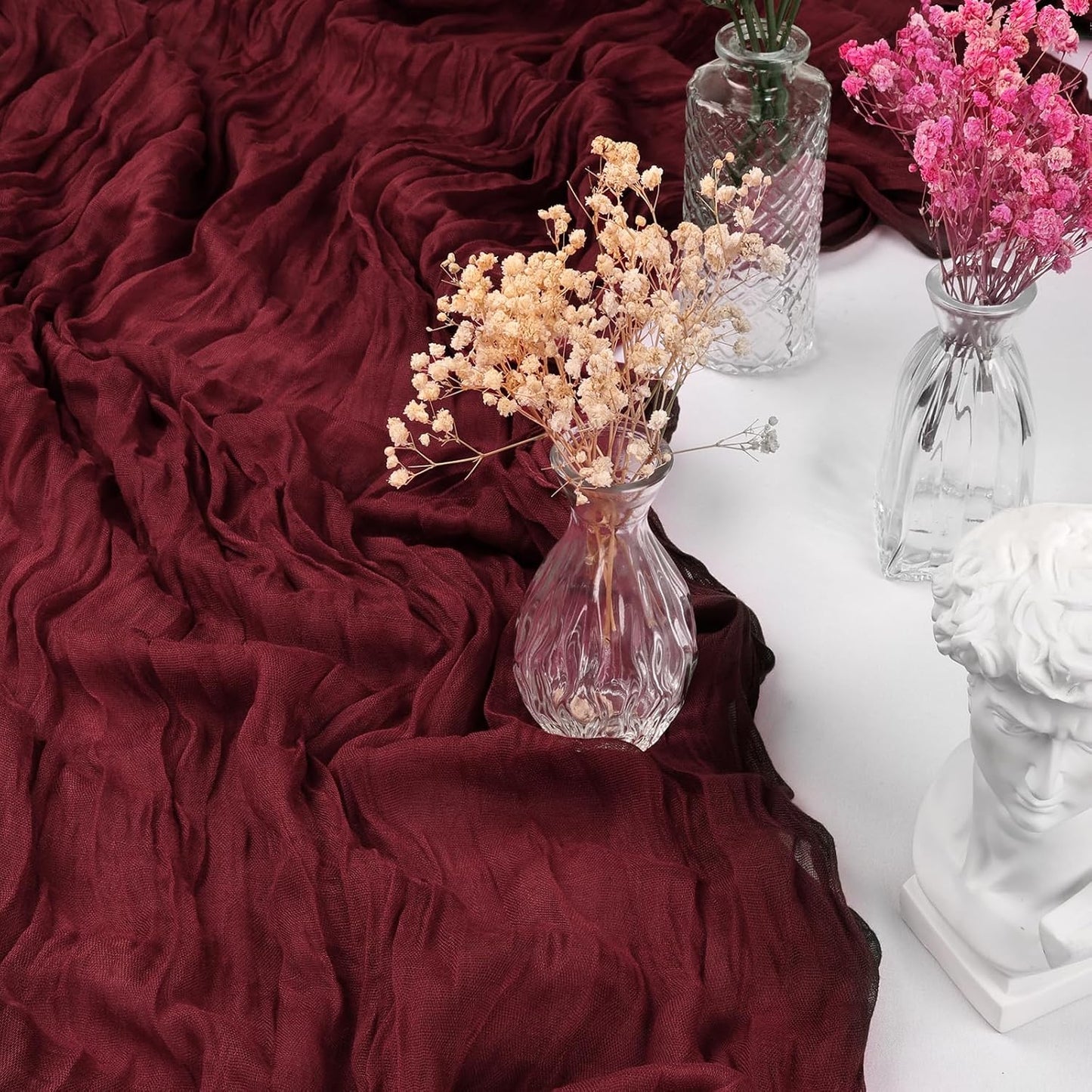 12 Pack 10FT Burgundy Christmas Cheesecloth Table Runner Table Runner 35x120 Inch Gauze Rustic Boho Cheese Cloth for Thanksgiving Wedding Decor Birthday Party Baby Shower Centerpiece Decoration