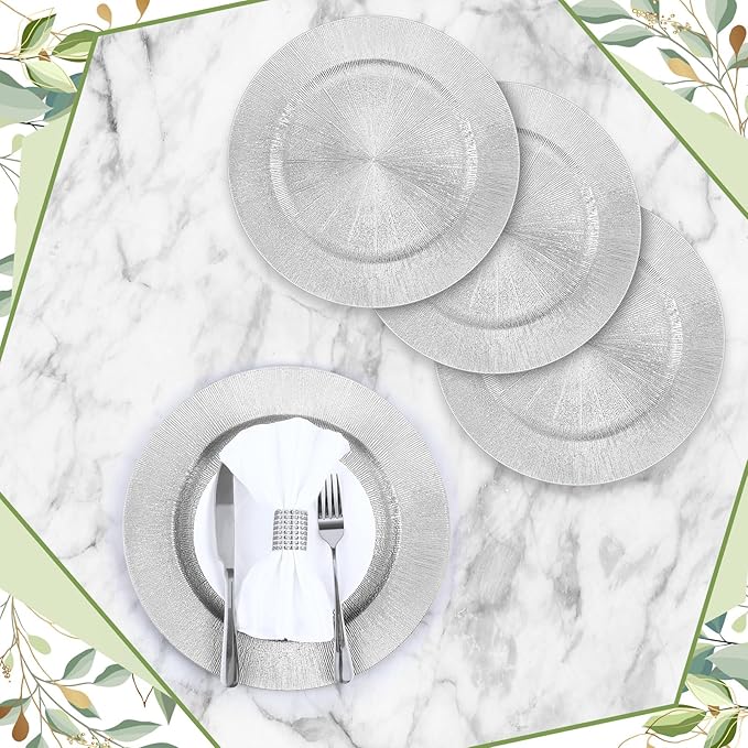 Tanlade 12 Pcs Charger Plates Bulk 13 Inch Plastic Round Wedding Chargers Floral Decorative Plates with Metallic Ruffled Rim for Wedding Party, Holiday Event Supplies(Silver)