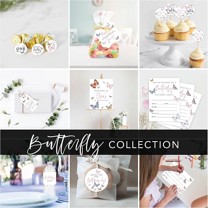 Andaz Press Fancy Frame Kids Party Favor Thank You Tags with String, 48-Pack Butterfly Birthday Gift Tags for Gift Bags, Favor Bags, Goody Bags, Girls, Pastel Butterfly 1st Birthday Party Favors