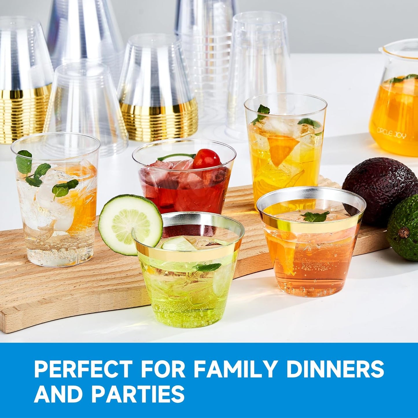 RACETOP 9 oz 100 Pack Clear Plastic Cups with Gold Rim, Disposable Gold Rim Clear Plastic Cups for Parties, Gatherings, Weddings, and Festival Events