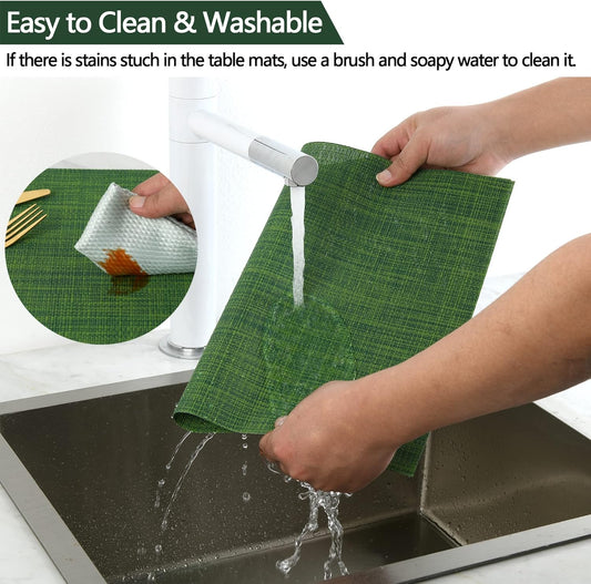 SLKQG Green Placemats Set of 6 - Wipe Clean Vinyl Placemats - Washable Heat Resistant PVC Table Mats for Dining Table - 17x12 Inch (Green, 6)