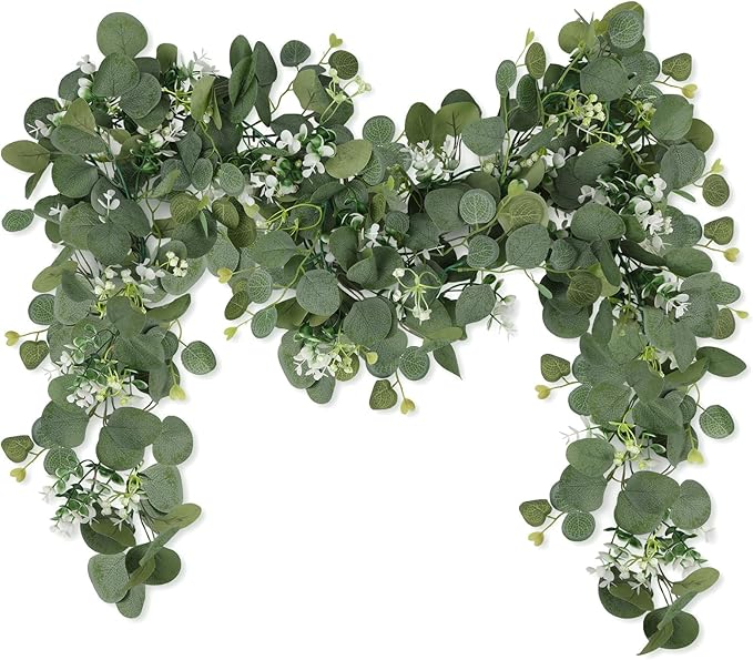 N&T NIETING 2 Pack Artificial Eucalyptus Garland with Flowers, Faux Greenery Garland Decor 6FT Eucalyptus Vines, Fake Hanging Vines Summer Garlands for Mantle Wedding Backdrop Easter Decorations