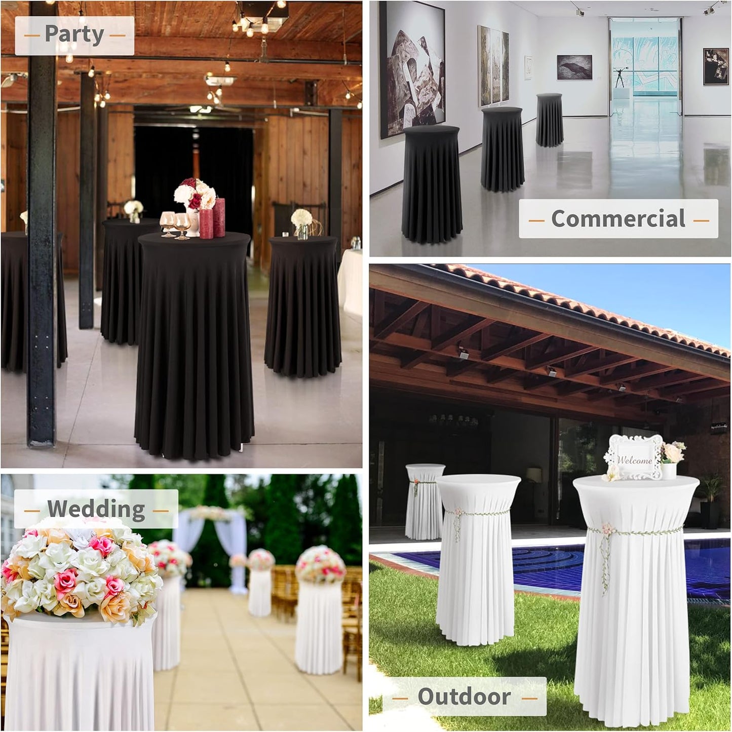 Your Magic Moment Black Round Tablecloth Set of 6, 23.6 Inch Diameter x 43.3 Inch Height, Polyester/Spandex, Fitted, Elegant Wavy, Cocktail Party
