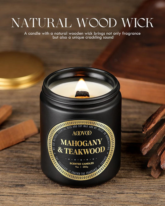 AOOVOO Scented Candles for Men - Mahogany & Teakwood Candles for Home Scented | Crackling Wood Wick Soy Candles | Strong Fragranced Masculine Black Candle Gift for Women & Men, 9oz