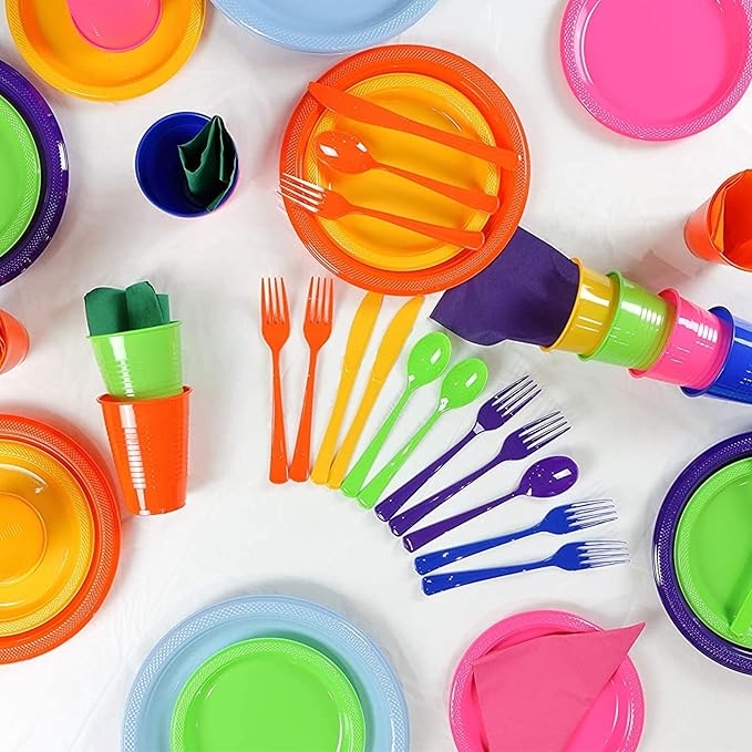 350 Pcs Light Blue Plastic Plates For Party, Light Blue Disposable Plates Set, 50 Of Each 9" Dinner Plate Set, 7" Dessert Plate, Cups, Napkins & Cutlery Plastic Dinnerware Exquisite