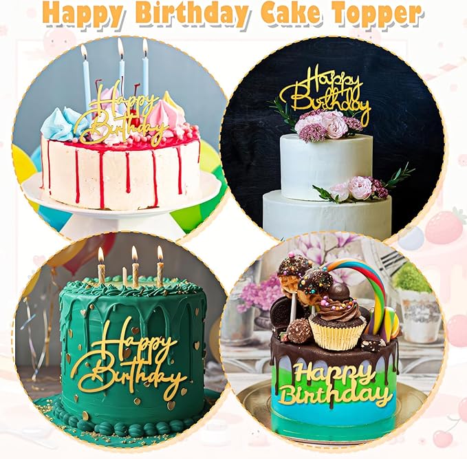 6Styles Gold Happy Birthday Cake Topper, Mirror Acrylic Happy Birthday Sign for Cake Side Decoration Plaque, Glitter Gold Happy Birthday Sign Cake Topper Set for Cake Party Decorating Supplies