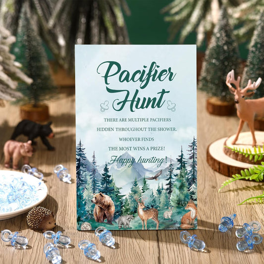 Thyle 51 Pcs Pacifier Hunt Baby Shower Games Include Hunt Sign and 50 Acrylic Pacifiers for Baby Shower Game Decoration Gift Sets Gender Reveal Party Decor(Let the Adventure Begin)