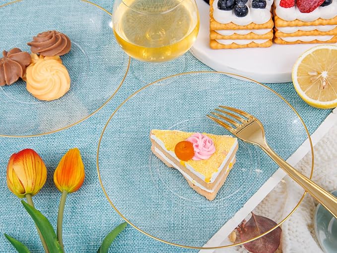 Nervure 100Pieces Clear and Gold Rim Plastic Plates - 7.5inch Disposabl Salad Dessert Plate - Clear and Gold Party Plates Ideal for Wedding & Party (Pack of 2)
