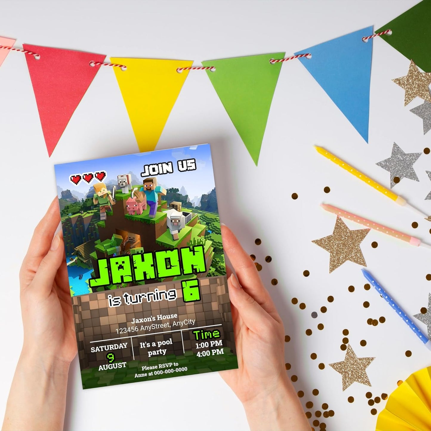Fully Customizable minecraft Birthday Party Invitations, 4 x 6 inches, with Self-Sealing Envelopes, Gaming Theme Design, minecraft Birthday Invitations for Boys and Girls (Minecraft/Game)