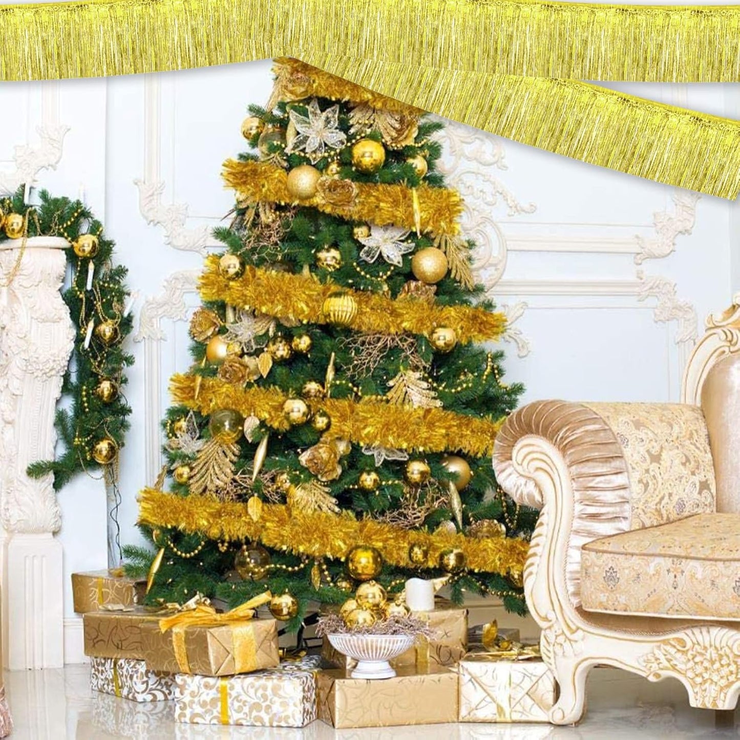 6 Pack 10 Feet Foil Fringe Garland Metallic Tinsel Banner Wall Hanging Curtain Streamers Backdrop for Parade Floats Bachelorette Wedding Birthday Party Thanksgiving Christmas Decorations(Light Gold)