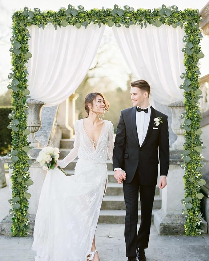 Vlorart 6ft Eucalyptus Garland with Boxwood and White Florals, Mixed Greenery Eucalyptus Garland for Wedding Arch, Backdrop, Table, Mantel and Home Decor