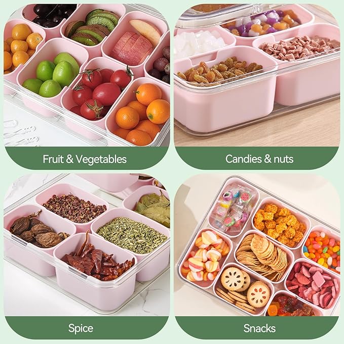 Snackle Box Container, Divided Serving Tray with Lid and Handl 8 Compartments Snacks Box,Candy Snack Fruit and Veggie Tray, Suitable for Picnics Trips Parties and Holidays