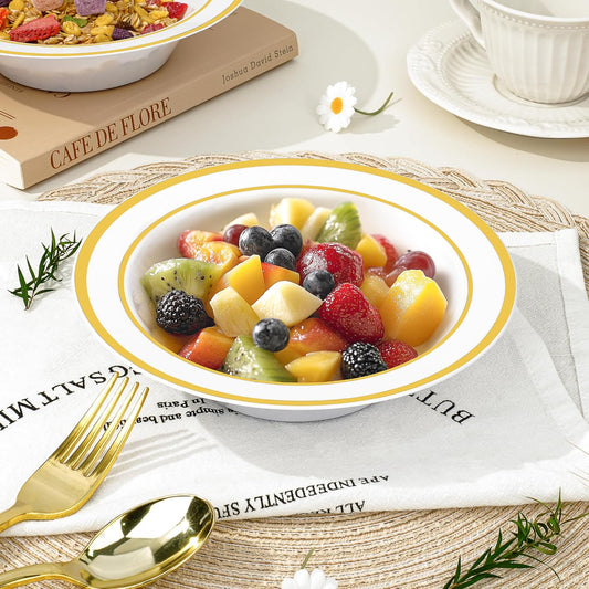 BESTVIP 100 Pack Plastic Bowls with Gold Rim, 12 oz Disposable Soup Bowls, Heavy-duty Dessert Salad Bowl for Party, Wedding, Christmas, Thanksgiving, Dinner, Catering