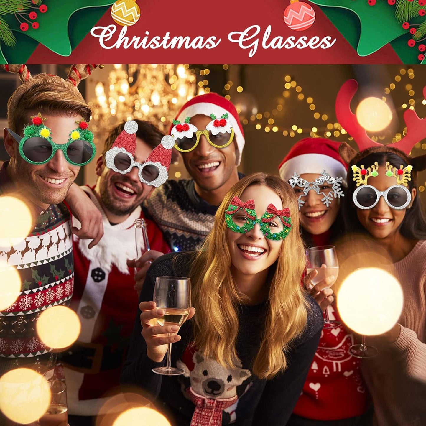 Pibupibu 8 Pack Merry Christmas Party Favors Funny Eyeglasses Set, Christmas Tree, Garland, Santa Claus, Elk, Snowman Eyewear