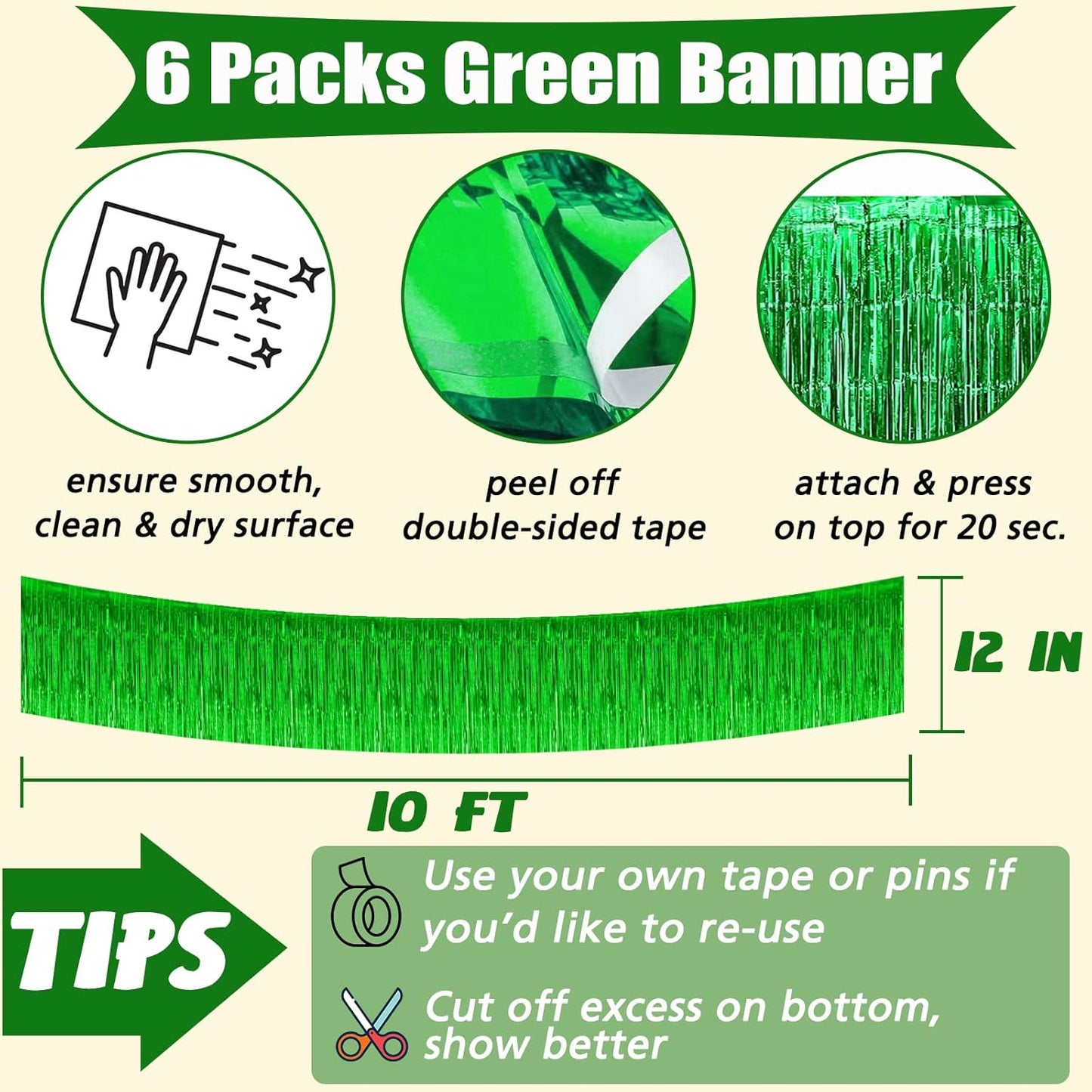 6 Pack 10 Feet Foil Fringe Garland Metallic Tinsel Banner Wall Hanging Curtain Streamers Backdrop for Parade Floats Bachelorette Wedding Birthday Party Thanksgiving Christmas Decorations(Green)