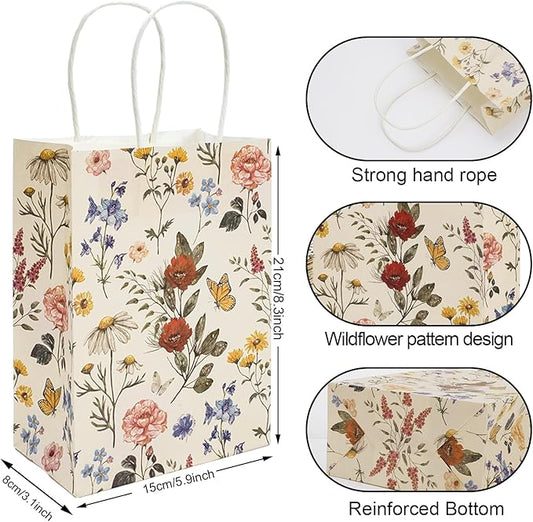 48Pcs Vintage Wild Floral Paper Gift Bags With Handles - Wildflower Print Treat Bags for Grocery Shopping, Candy, Baby Shower, Wedding Party Supplies