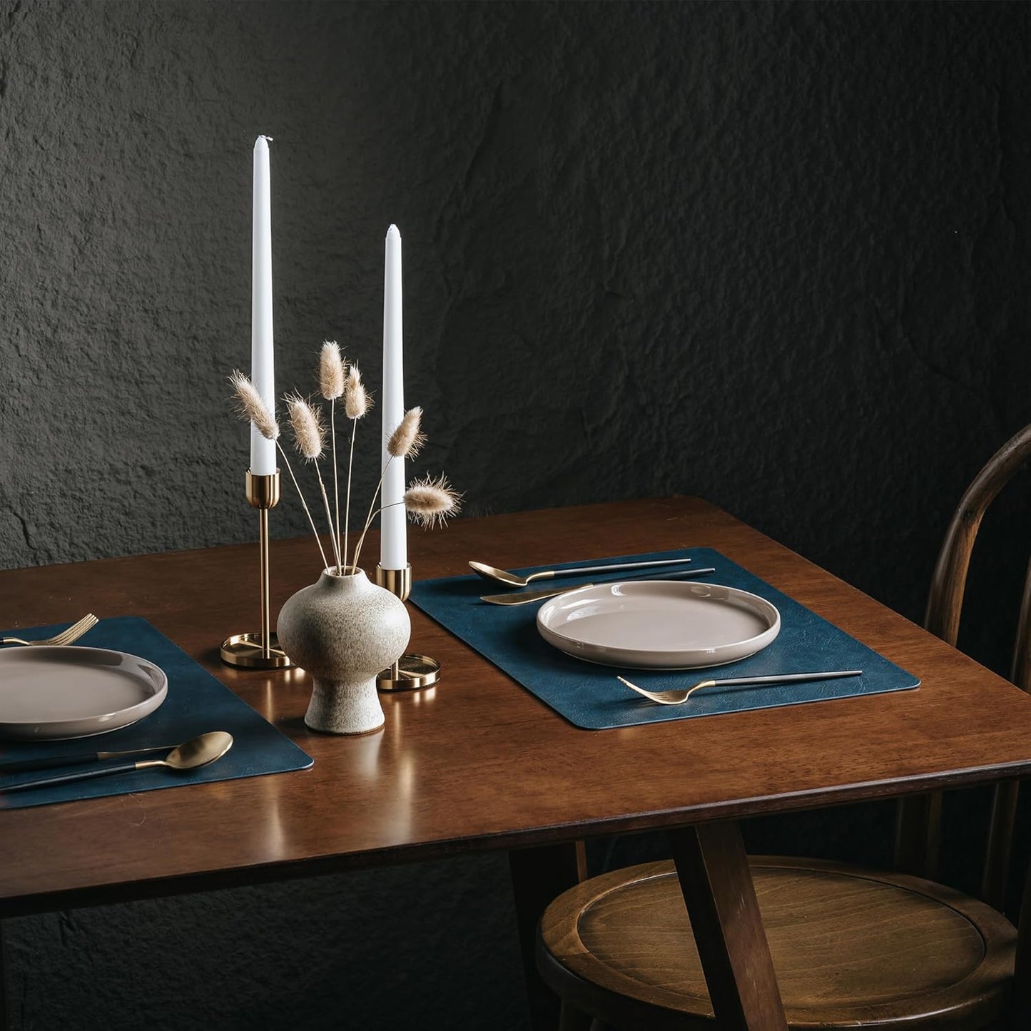 DOLOPL Placemats Set of 4 Reversible Dual-Color Table Placemats– Heat Resistant Wipeable & Washable Place Mats, Luxury Faux Leather Table Mats for Vintage Dining Table Decor (Camel & Navy Blue)