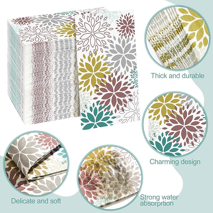 Karenhi 200 Pcs Floral Hand Paper Towel 2 Ply Dahlia Flower Guest Napkins Spring Guest Paper Napkins for Bathroom Disposable Hand Towels for Wedding Bridal Baby Shower Birthday