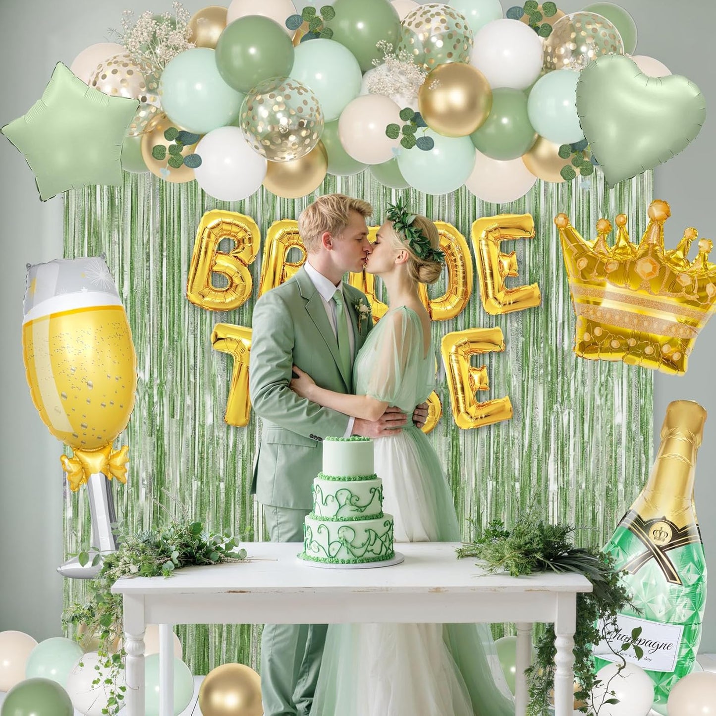 Ouddy Life Sage Green Bachelorette Party Decorations, Bride to Be Bridal Shower Decoration with Crown Champagnes Wineglass Heart Foil Balloons, Veil Sash, Fringe Curtains Engagement Wedding Supply