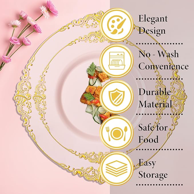Nervure 700PCS Pink Gold Plastic Plates - Pink Plastic Dinnerware Sets for 100 Guests - 200 Disposable Plates, 300 Silverware, 100 Cups, 100 Napkins for Wedding, Birthday & Party