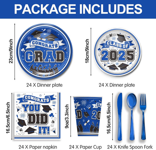 Graduation Decorations Class of 2025 - Graduation Party Supplies 2025: Blue Plates, Cups, Napkins, Cutlery for 24 Guests
