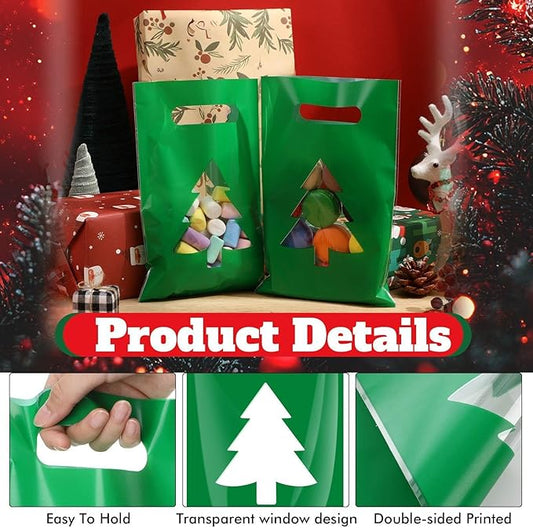 Supervitae 100 Pcs Christmas Tree Plastic Gift Bags with Transparent Window & Handles Christmas Party Favor Bags Bulk for Xmas Snacks Goodie Candy Treat Party Supplies