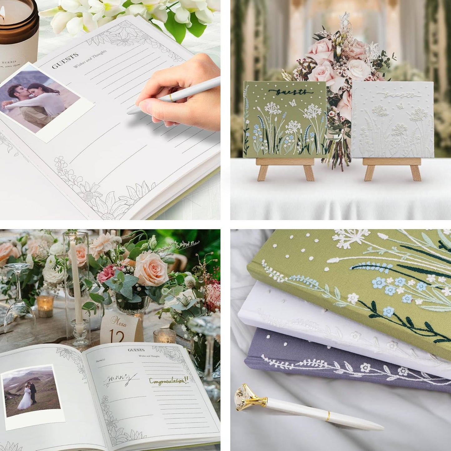 Embroidered Wedding Guest Book—The Perfect Polaroid Guest Book for Wedding Receptions, Birthdays, Baby Showers, and Special Events with 3 Photo Corner Stickers+ 3 DIY pens+1 Diamond Pen