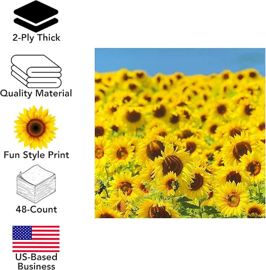 Iconikal 75-Count Disposable Paper Party Napkins Sunflower Fields 6.5x6.5-Inch 2-Ply 2-Sided Design Birthday Dinner Event Decor Bulk Pack