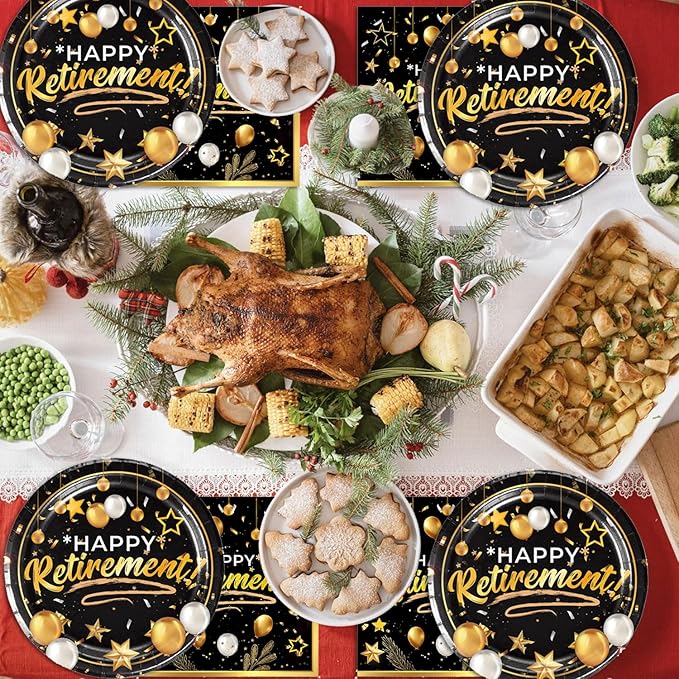 40pcs Retirement Party Tableware Set Happy Retirement Supplies Black and Golden Retirement Party Dessert Plates Napkins for 20 Guests Retirement Party Favors