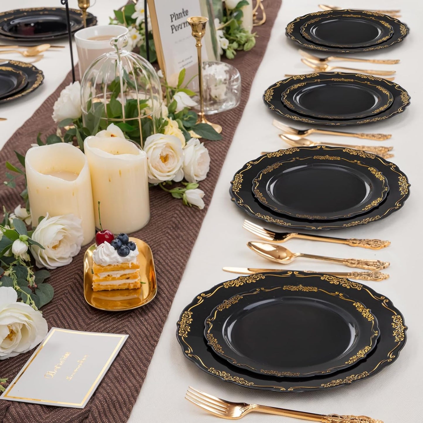 DaYammi 60PCS Black and Gold Plastic Plates, Heavy Duty Black and Gold Disposable Plates Premium 10inch Dinner Plates Hard Plastic Plates Disposable for Halloween Party and Wedding