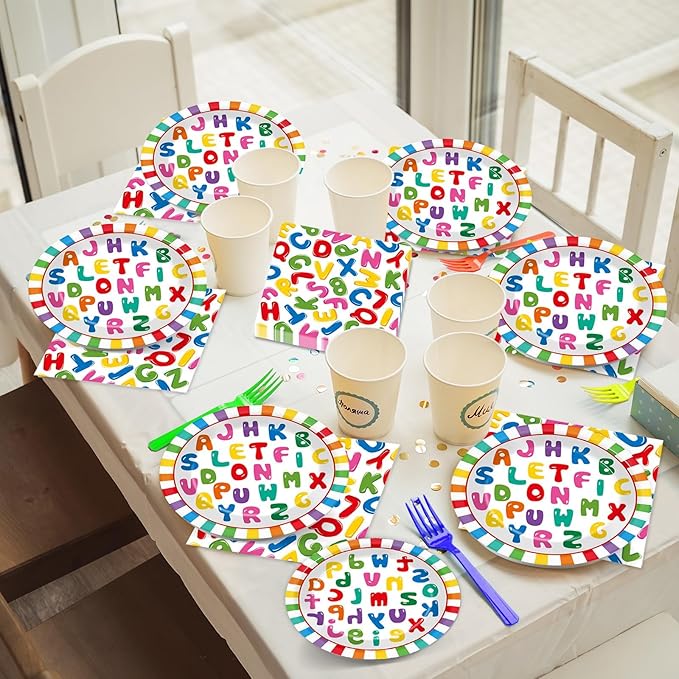 OBUSATT 96Pcs Alphabet Party Supplies ABC Birthday Paper Plates Napkins ABC Back to Party Decorations Early Dinnerware Tableware Favor Serves 24