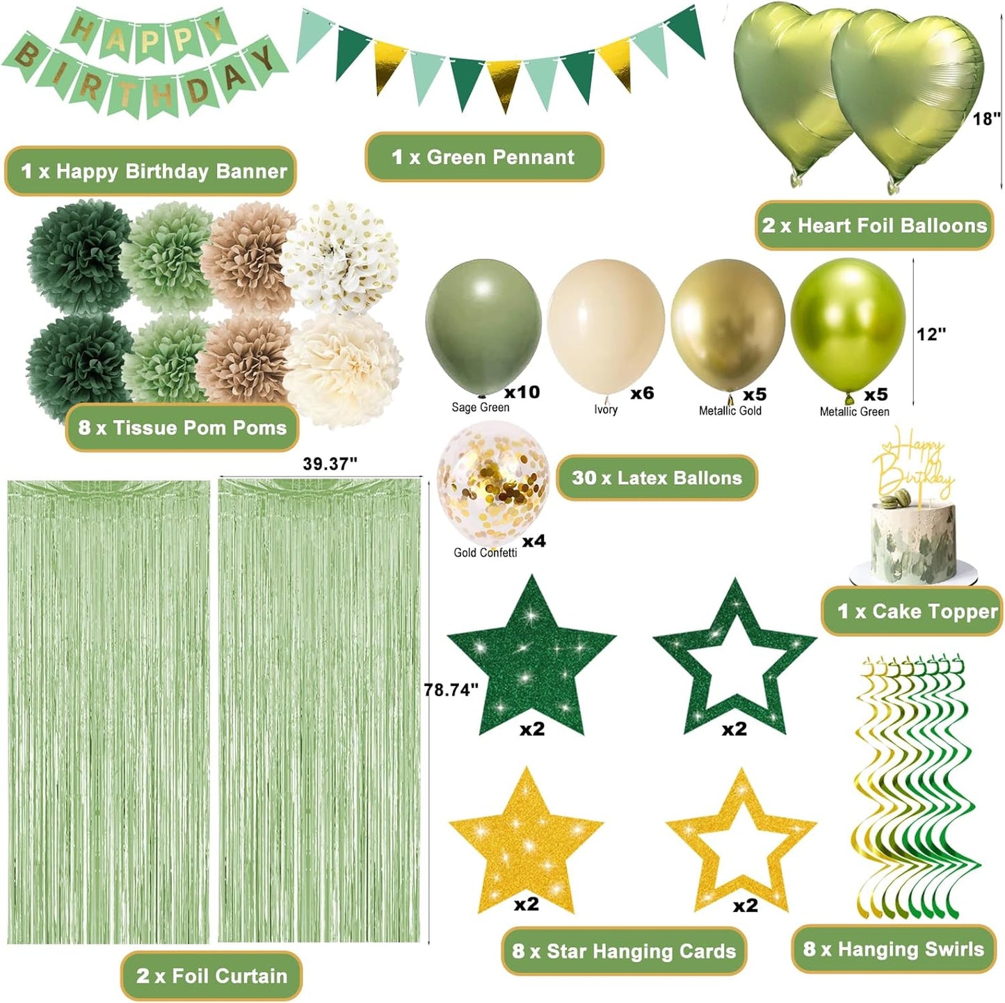 Happy Birthday Decorations for Women and Girls Sage Green Retro Rustic Neutral Boho Party Supplies - Banner, Fringe Curtains, Pom Poms, Hanging Swirls, Balloons, Cake Toppers