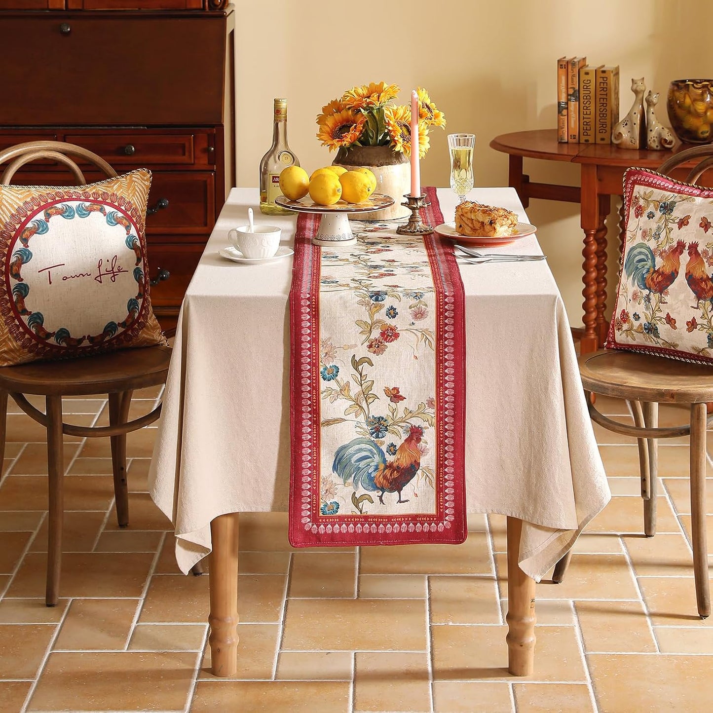 patdrea Designer Farmhouse Linen Table Runner, Rustic Cottage Mauve with Rooster and Floral Pattern Fabric Table Mat, Decoration for Kitchen Dining Coffee Table Banquet Christmas , 12"*102"