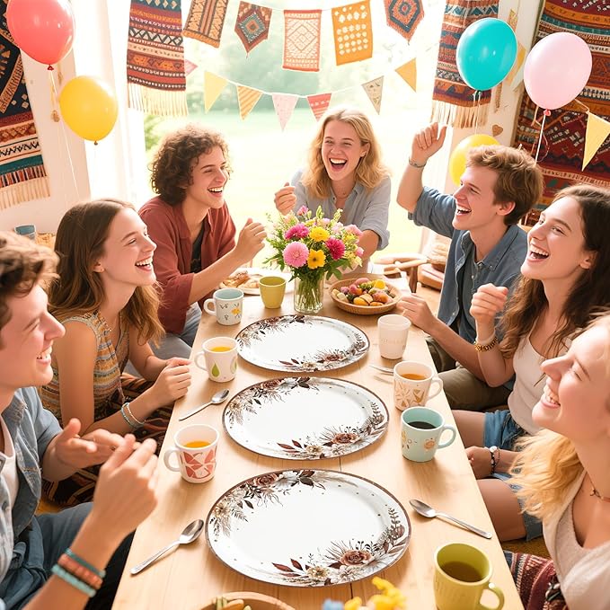Grencian 50Pcs Fall Boho Floral Oval Paper Plates 10" x 12" Large Disposable Heavy Duty Fall Boho Rustic Dark Flower Tableware Dessert Plates for Autumn Thanksgiving Birthday Wedding Party Supplies