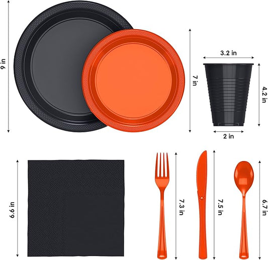 350 Pcs Orange & Black Plastic Plates For Party, Orange & Black Disposable Plates Set, 50 Of Each 9" Dinner Plate Set, 7" Dessert Plate, Cups, Napkins & Cutlery Plastic Dinnerware Exquisite